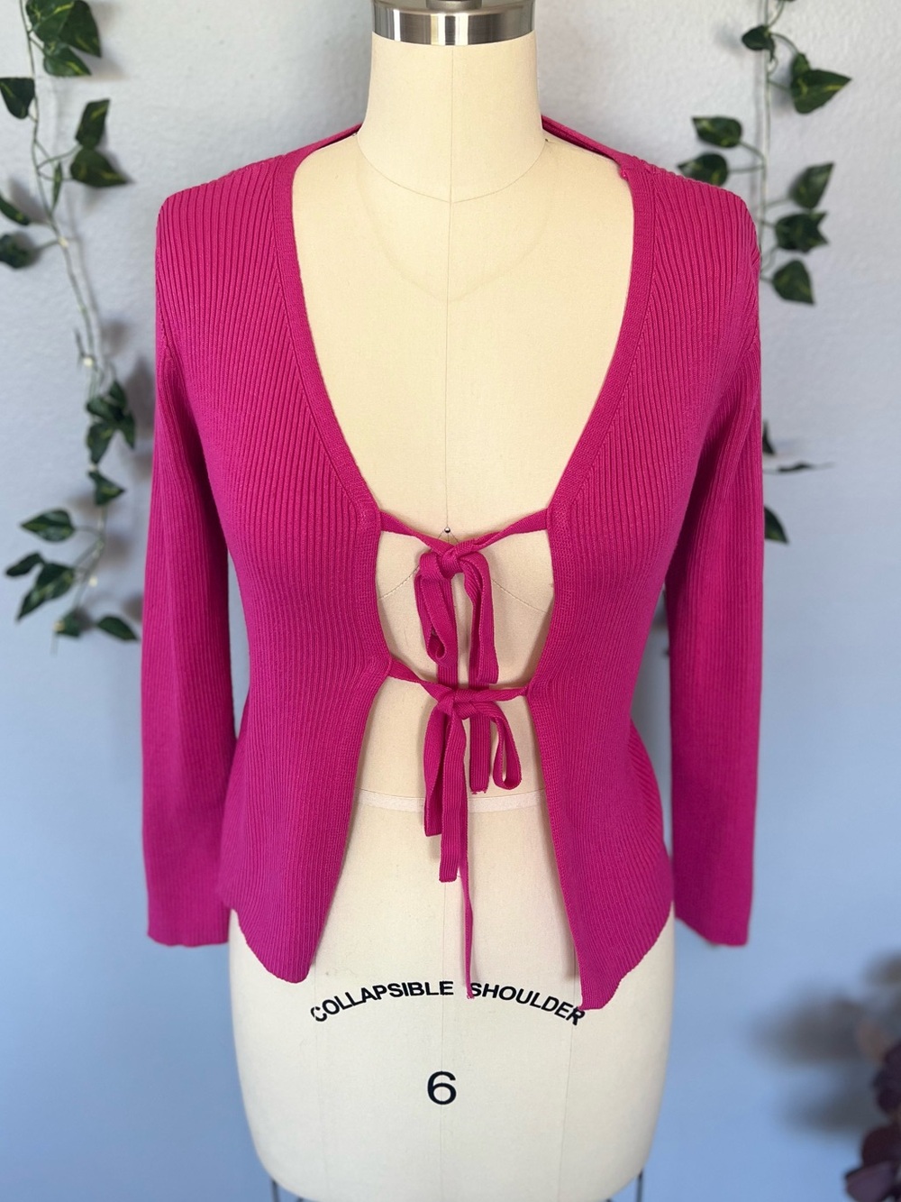Love Always Hot Pink Ribbed Knit Tie-Front Open Bow Crop Cardigan Sweater